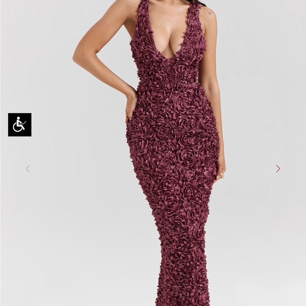 HOUSE OF CB- Carena Merlot plunge floral appliqué maxi dress